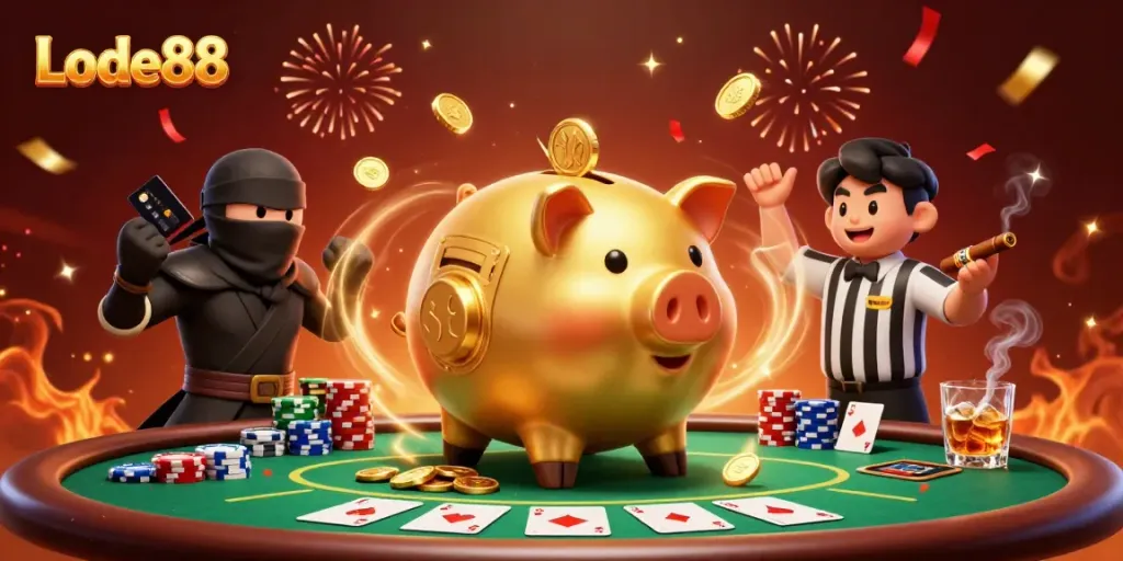 Lode88's dynamic online gaming scene featuring a golden piggy bank sumo wrestler and a wallet ninja.