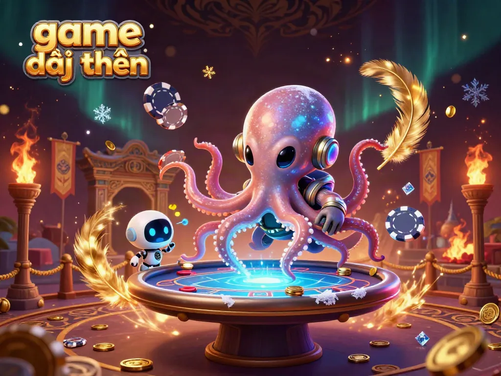 Experience the thrill of game đổi thưởng with an alien octopus running a cosmic poker game in a vibrant casino.