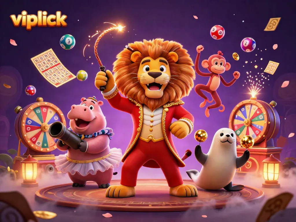 Join the fun at vipluck, with a lively circus scene featuring colorful gambling elements.