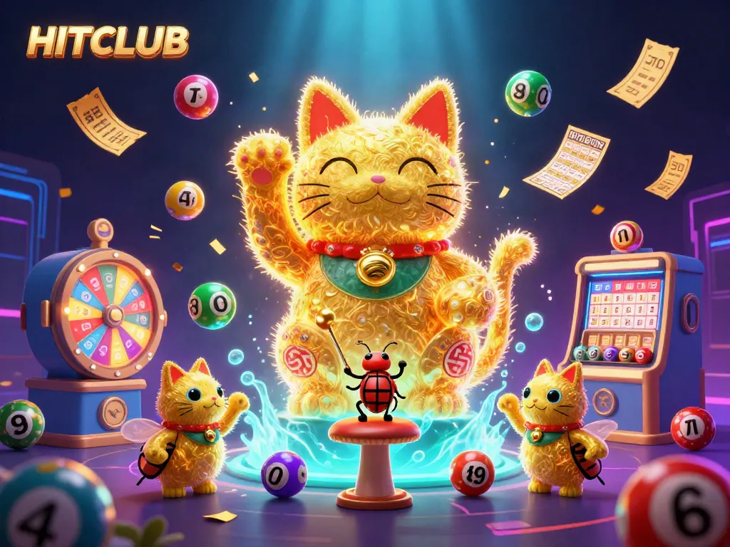 Engage in thrilling gameplay at HITCLUB, featuring vibrant casino elements and a playful lucky cat.