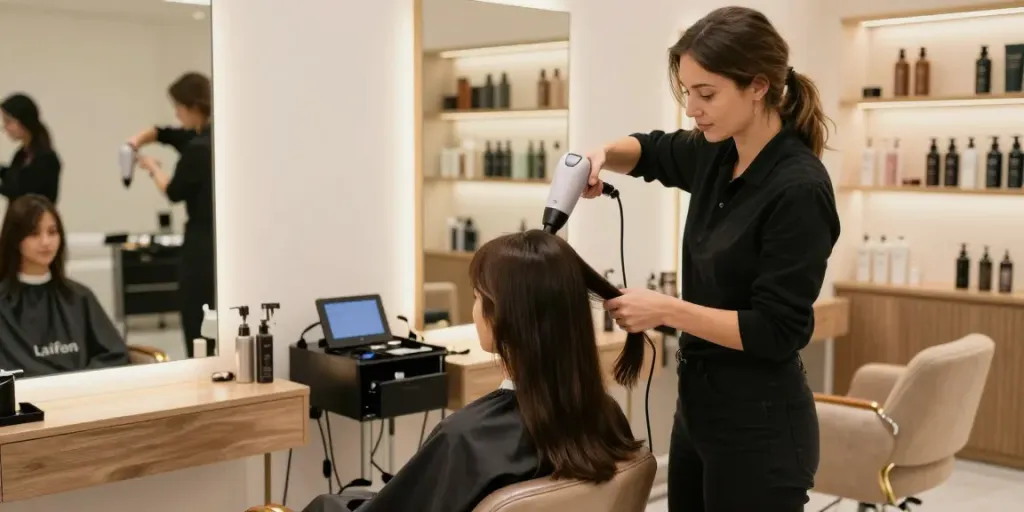 Hairstylist using Laifen haartrockner in a modern beauty salon setting