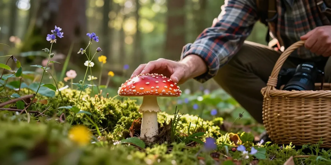 Amanita muscaria kaufen Szene mit einem erfahrenen Sammler, der lebhafte Pilze in einem üppigen Wald untersucht und die Essenz der Natur und des Piljagd einfängt.