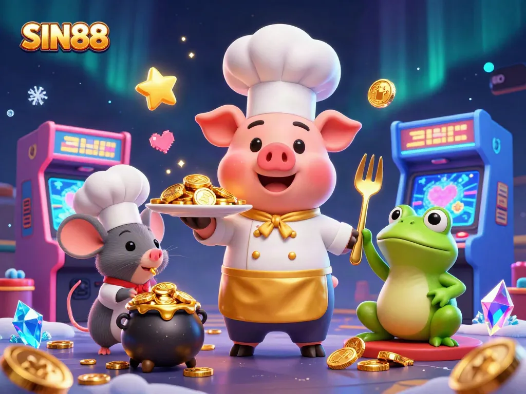 SIN88 showcases a vibrant casino scene with cartoon chef pig serving gold coins among dynamic game elements.