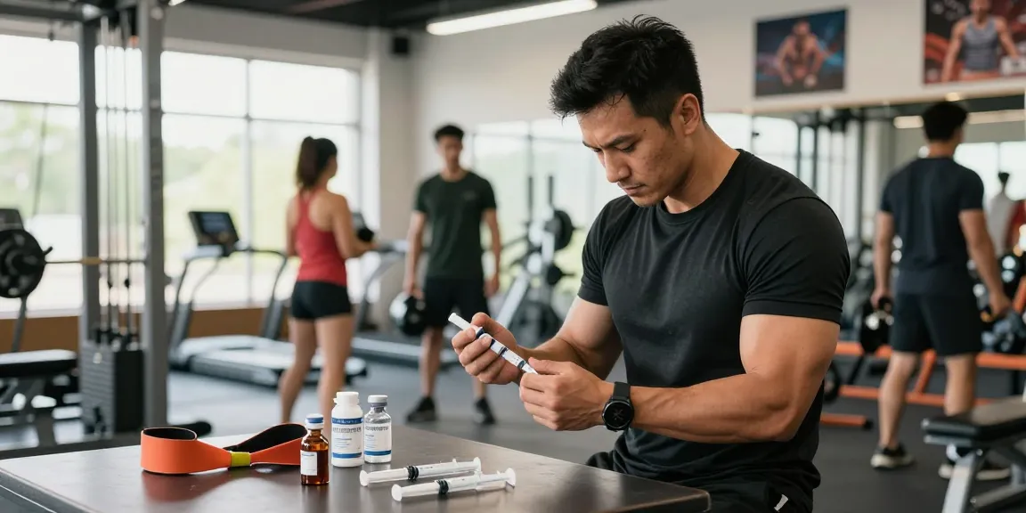 Man demonstrating injection technique in Anabolika Shop setting, showcasing fitness and proper steroid use.