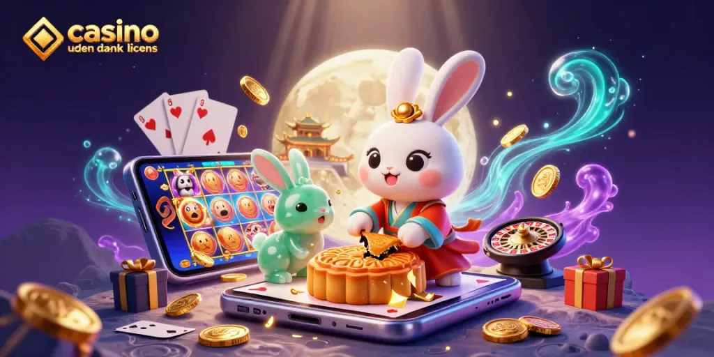 Experience casino uden dansk licens excitement with a vibrant 3D casino-themed lunar scene featuring playful characters.