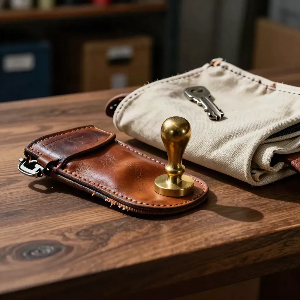 Leathery logistics kit with brass dock stamp and canvas route bag on walnut in dramatic light.