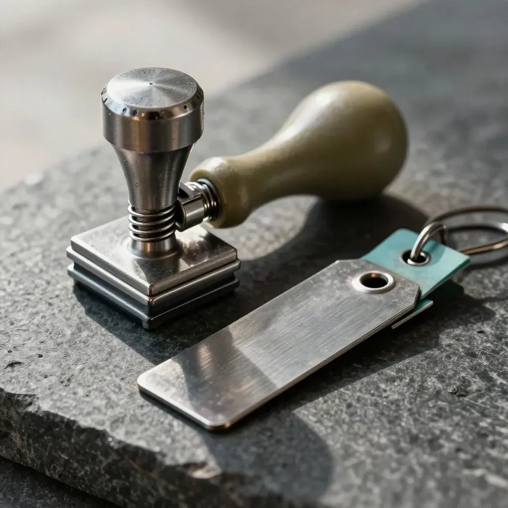 Macro still life of route stamp, dispatch clips and bay tag holder on dark stone