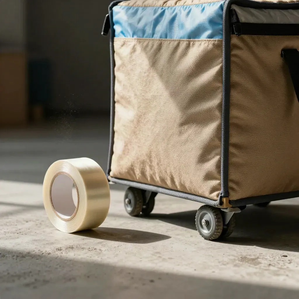 Canvas tote, tape roll, and dolly wheel on pale concrete in dramatic light