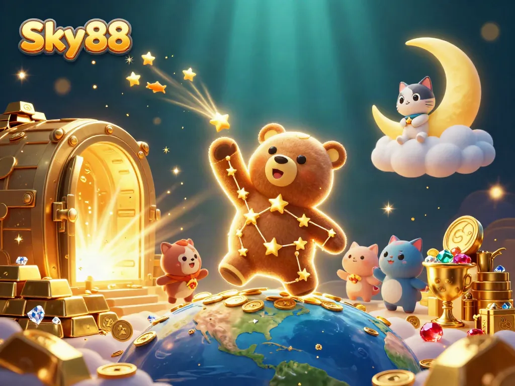 Sky88 offers an enchanting casino experience with golden treasures surrounded by cosmic characters.