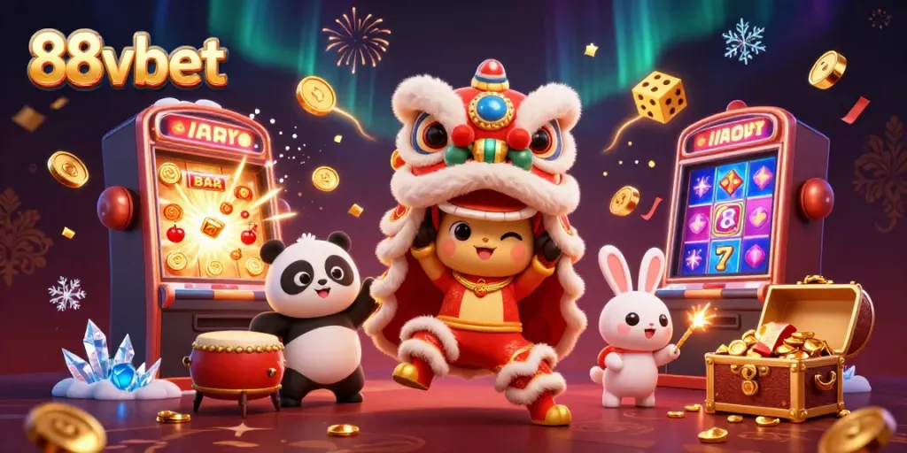 Experience the excitement at 88vbet with a vibrant illustration featuring a lion dance and slot machines.