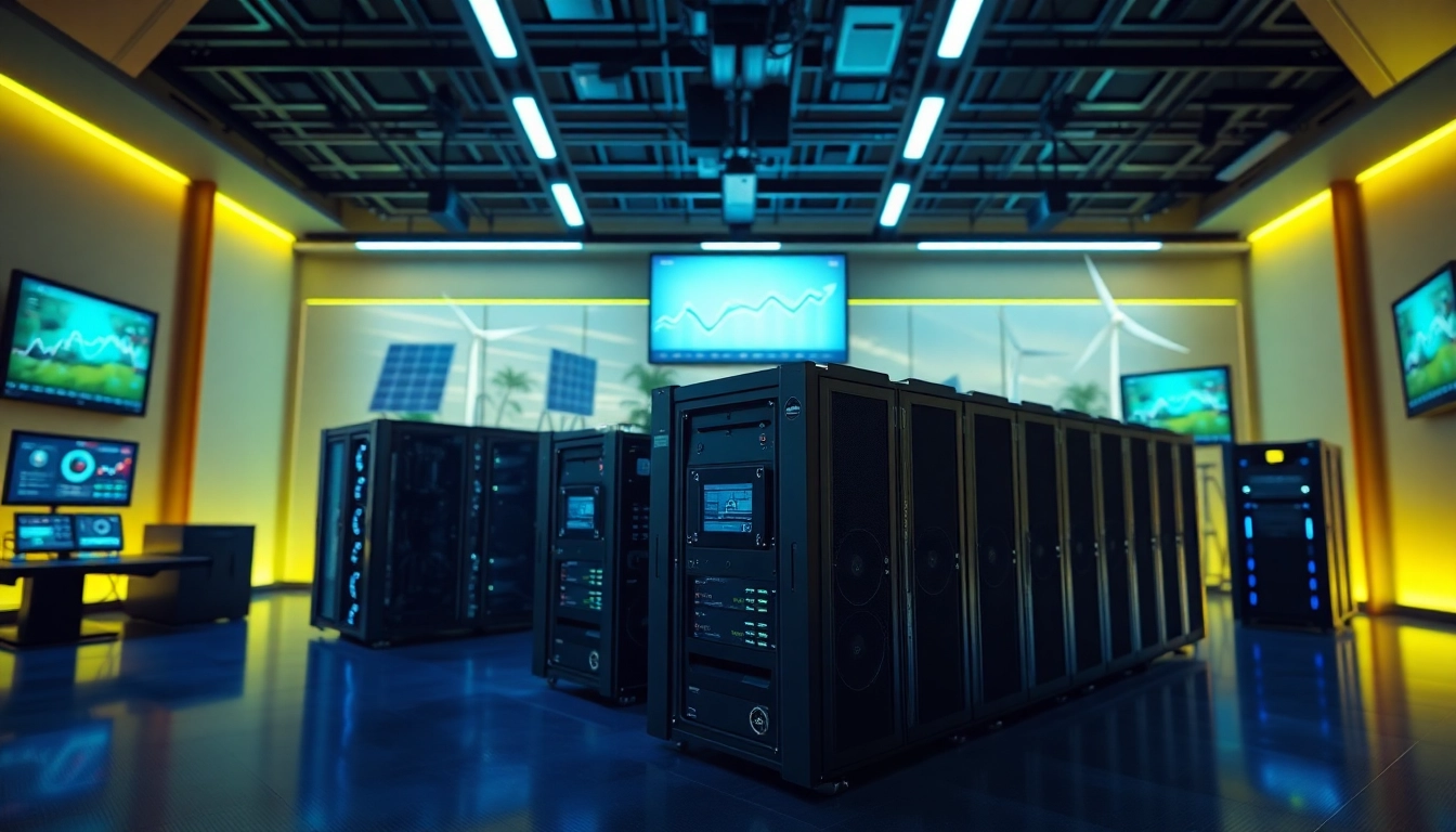 Showcasing top cloud mining technology in a high-tech facility with modern mining rigs and digital displays.