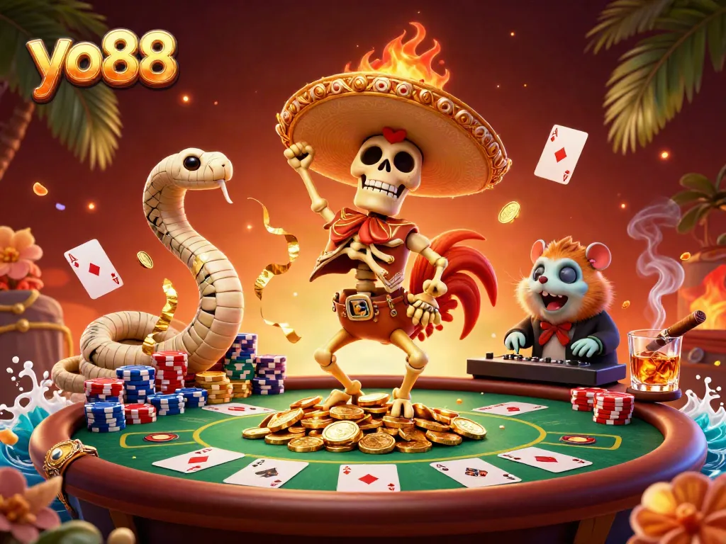 Experience thrilling gaming at yo88, featuring unique characters celebrating on a pile of golden coins.