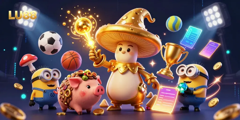 Experience the magic at LU88 with a golden mushroom wizard, treasure-hunting truffle pig, and sports balls across a fantastical casino.