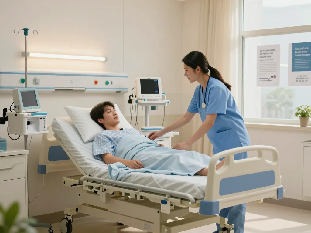 giường bệnh nhân in a welcoming hospital room with a healthcare professional adjusting the bed for patient comfort.