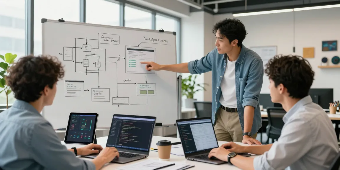 Entwickler, die Ideen zur Eigene Webanwendung erstellen lassen in einem modernen Tech-Büro mit hellem und lebhaftem Arbeitsbereich diskutieren.