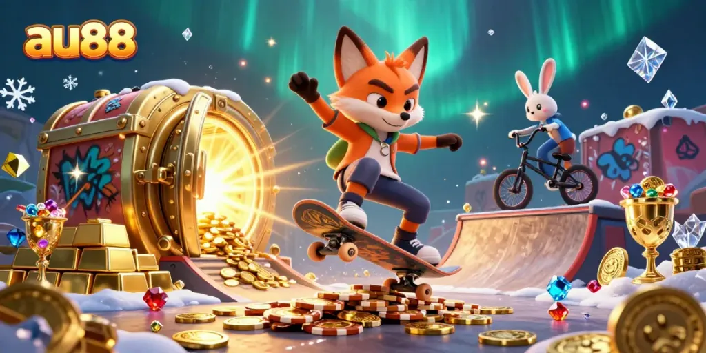 Experience the thrilling action of au88 as a skateboarder fox and BMX rabbit showcase tricks amidst a treasure-filled casino backdrop.