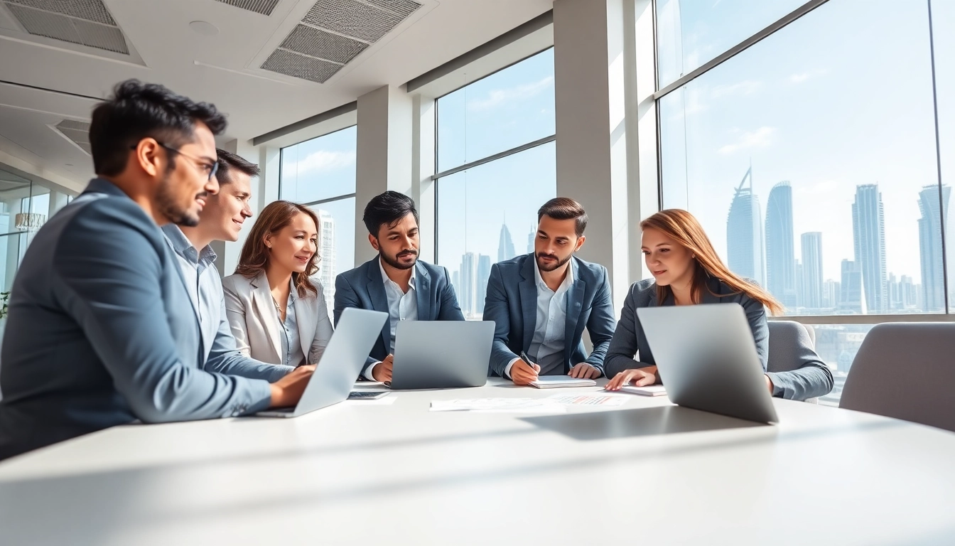 Engaged Business Consultants in Dubai strategizing during a meeting in a modern office setting.