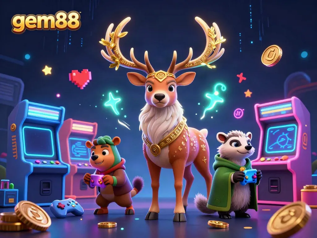 Experience the magic of gem88 with a Celtic druid stag and gaming elements illuminating the scene.