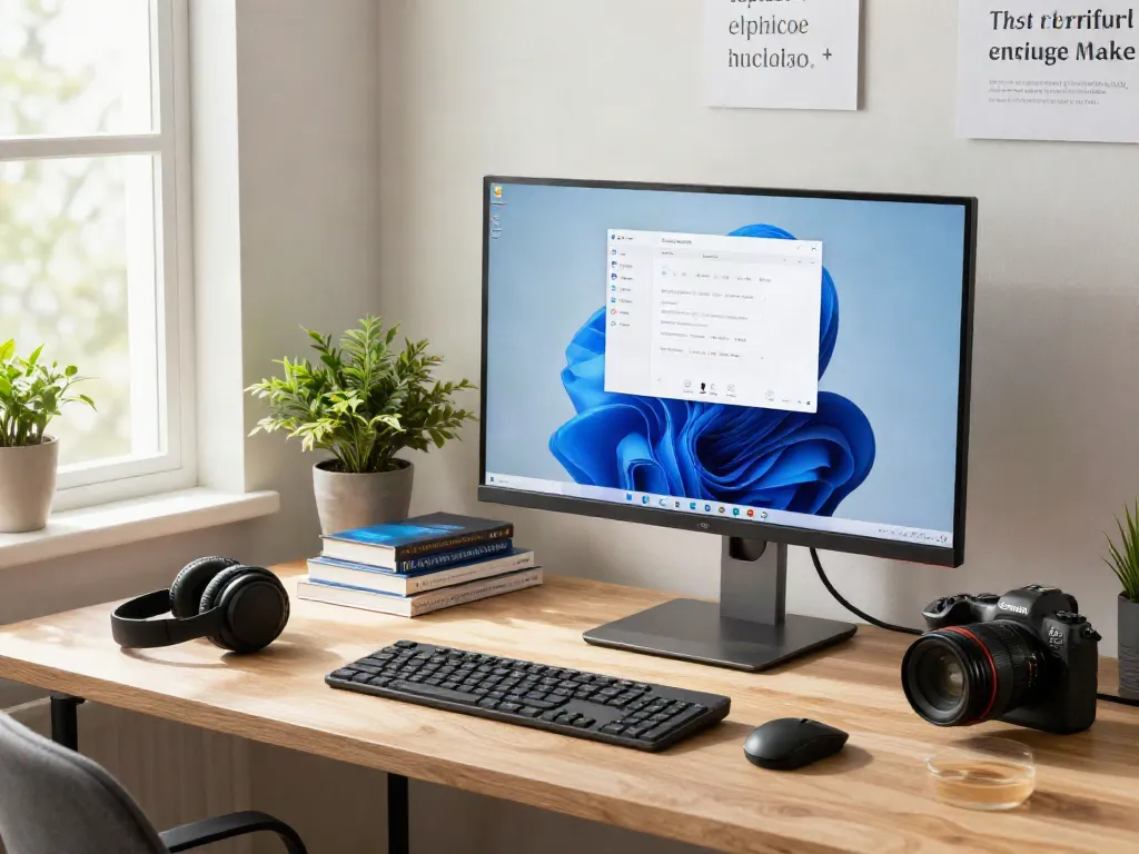 Windows 11 Pro Benutzer in modernem Homeoffice mit PC-Setup und inspirierender Atmosphäre.