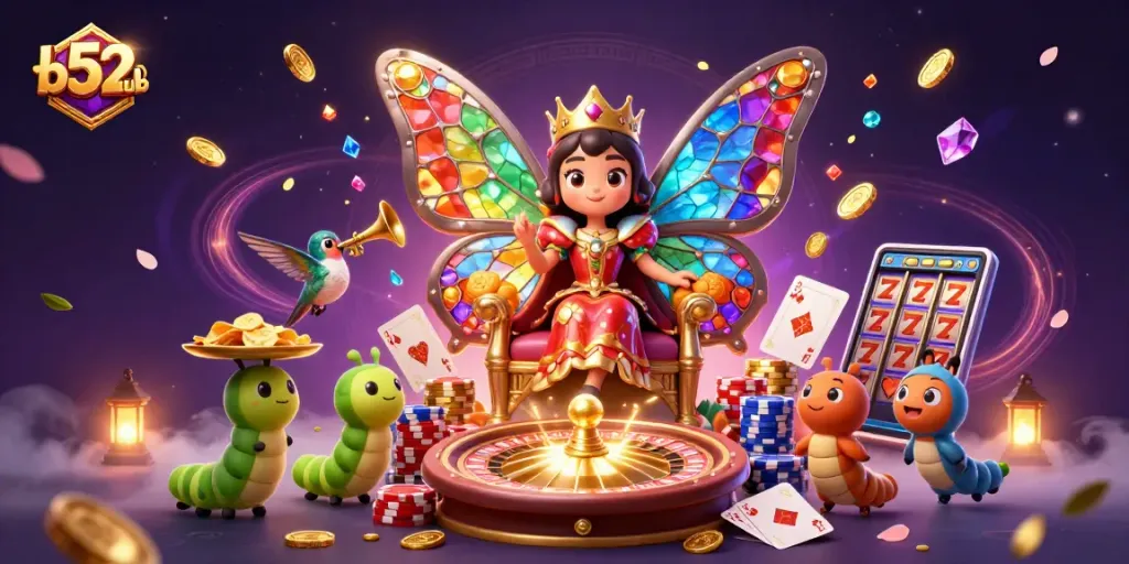 Engage with b52club's vibrant casino scene featuring a butterfly queen and gaming elements.