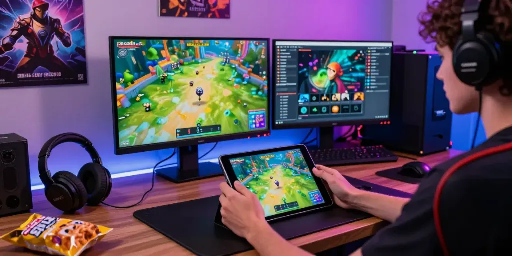 Engaging gamer playing GGSOFT Bounce Ball on a tablet in a vibrant gaming setup.