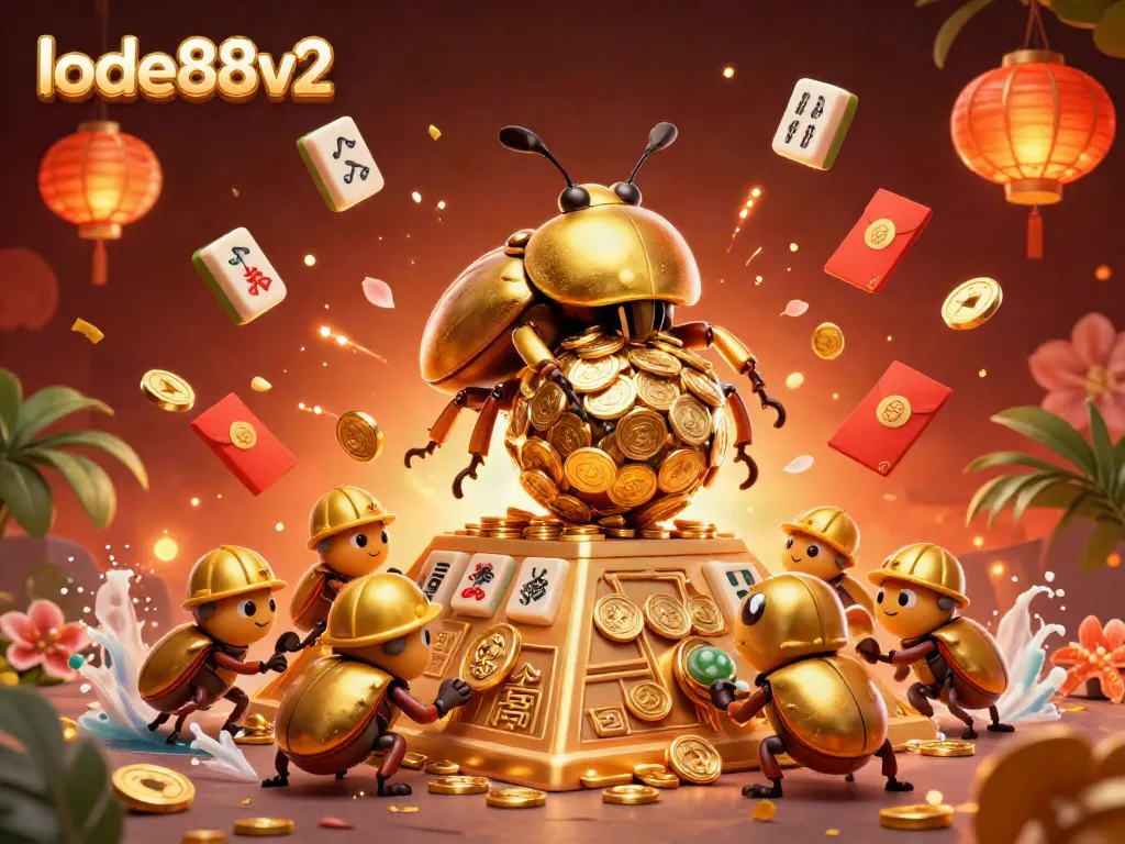 Engage with lode88v2's vibrant casino scene featuring golden coins and lively characters.