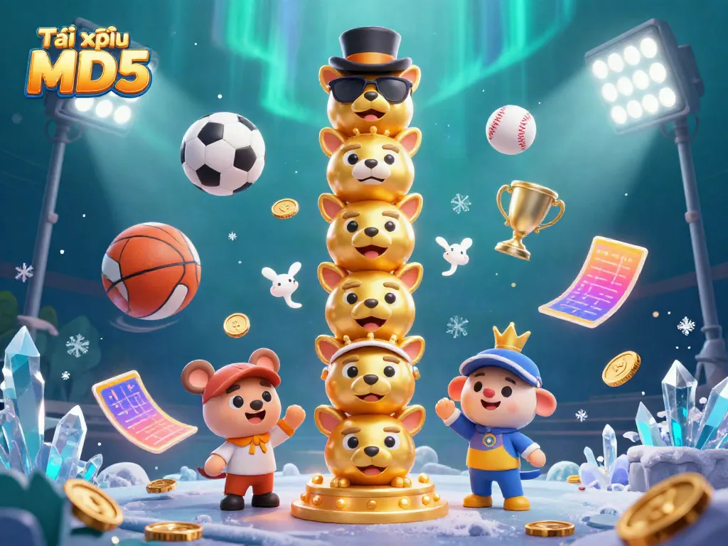 Experience Tài xỉu MD5 with a dynamic casino scene featuring a golden totem and sports elements.