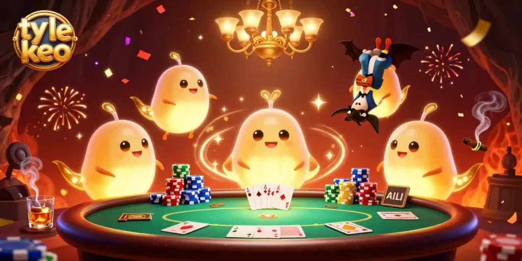 Experience ty le keo excitement in a vibrant cave casino filled with glowing characters and poker action.