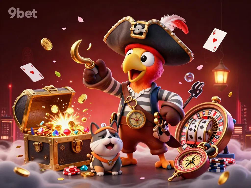 Join the excitement of 9bet with a vibrant 3D casino-themed illustration showcasing thrilling gambling elements.