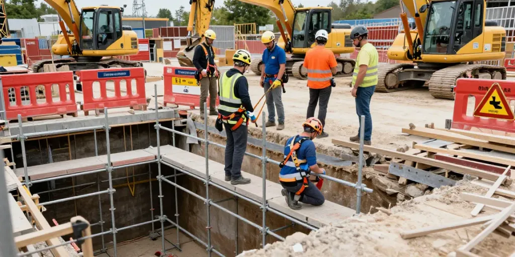 Professionelle Absicherung der Baugrube auf Baustelle mit Sicherheitsausrüstung und Zusammenarbeit von Arbeitern.