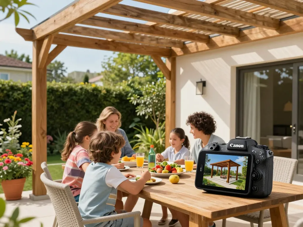 Entdecken Sie den Pergola Konfigurator 3D mit Familien, die ihren neuen Außenbereich genießen.