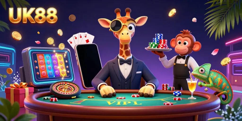 Experience the excitement of UK88 with a vibrant 3D scene featuring a high-roller giraffe at a poker table amidst lively gaming elements.