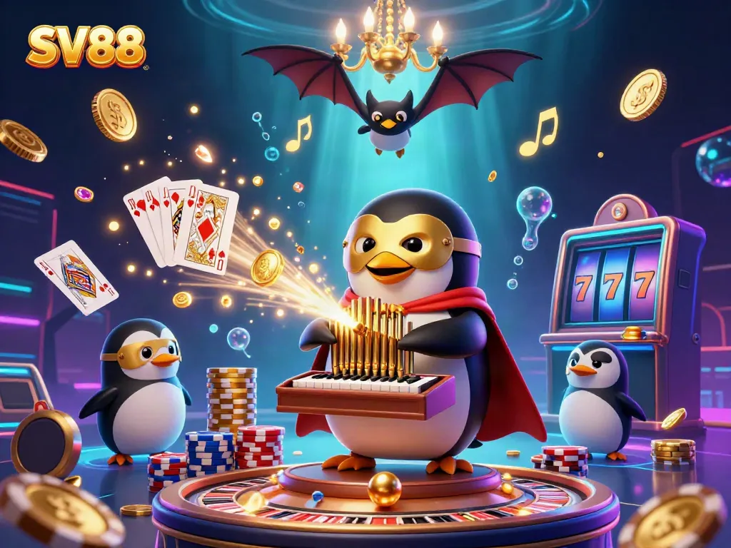 Experience thrilling gameplay at SV88 with a colorful casino scene featuring a penguin organist, gold coins, and vibrant poker elements.