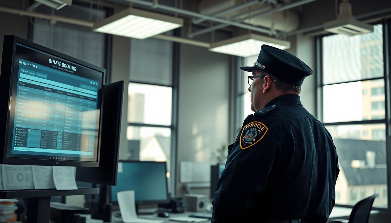 Access orange county jail inmate booking information through a detailed office scene with a police officer.