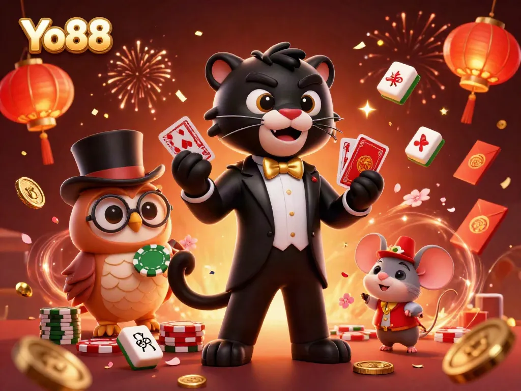 Experience the excitement of Yo88 with a lively 3D scene featuring characters dealing cards in a vibrant casino setting.