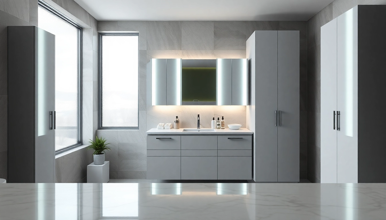 Stylish illuminated bathroom cabinets reflecting modern elegance in a bright bathroom setting.
