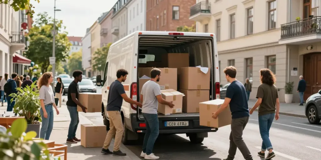 Professionelles Team bei einer Wohnungsauflösung Berlin, Möbel und Kartons werden verladen.