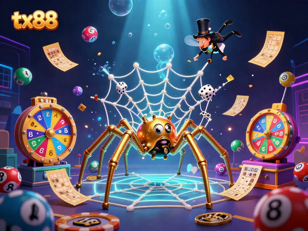 Join the excitement at tx88 with a captivating steampunk spider and thrilling gambling elements in a vibrant casino scene.