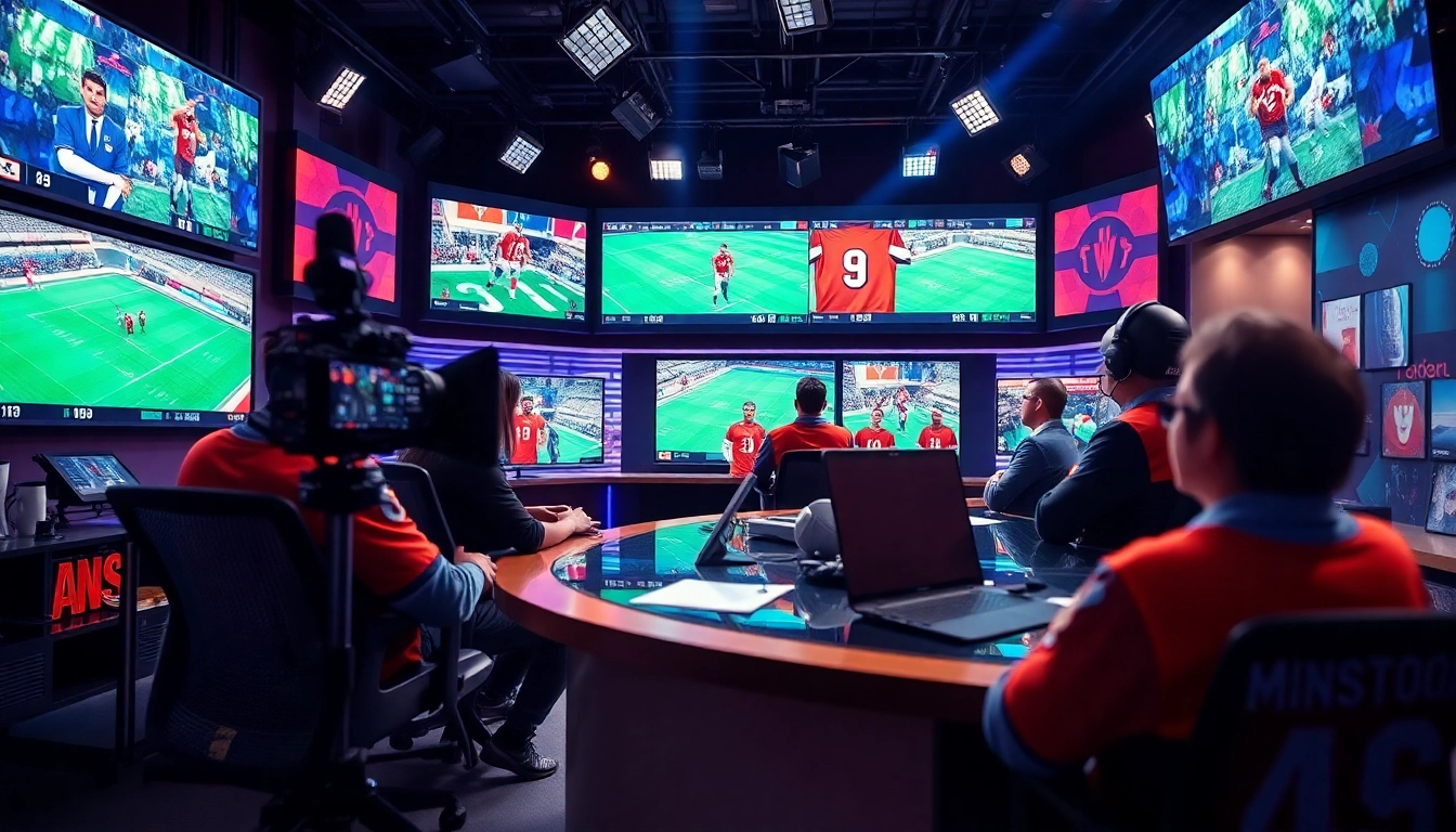 Engaging scene in sports broadcasting studio featuring vibrant graphics and enthusiastic broadcasters.