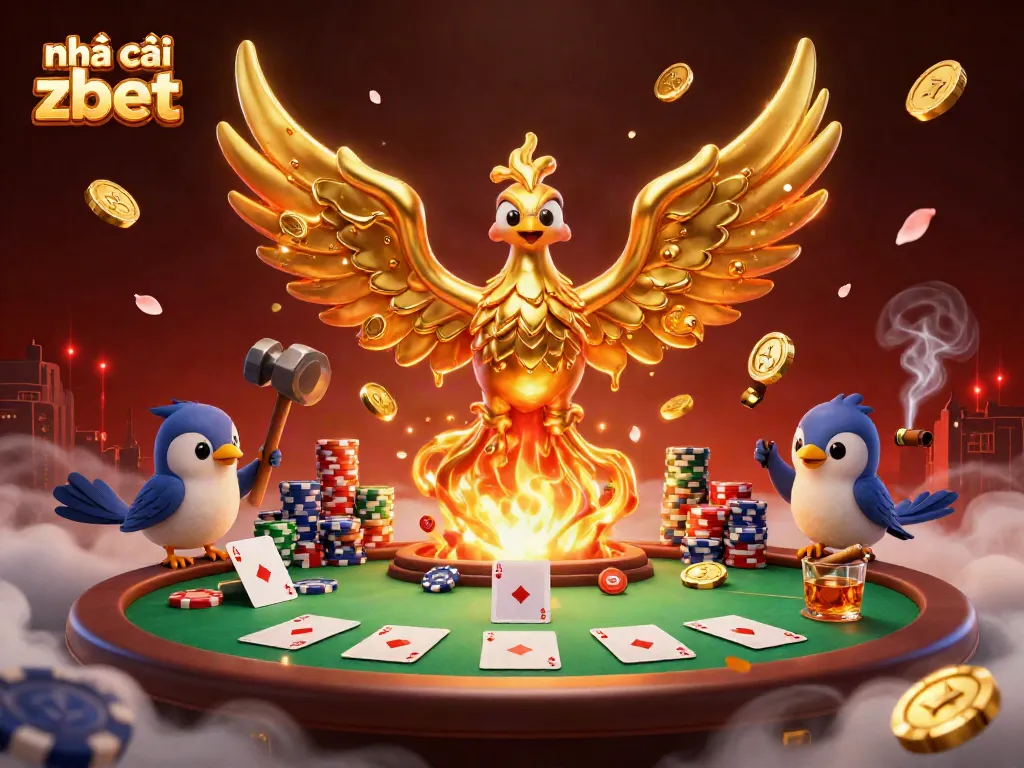 Experience thrilling action at Nhà cái zbet with an epic scene featuring a molten metal phoenix, poker elements, and dynamic energy.