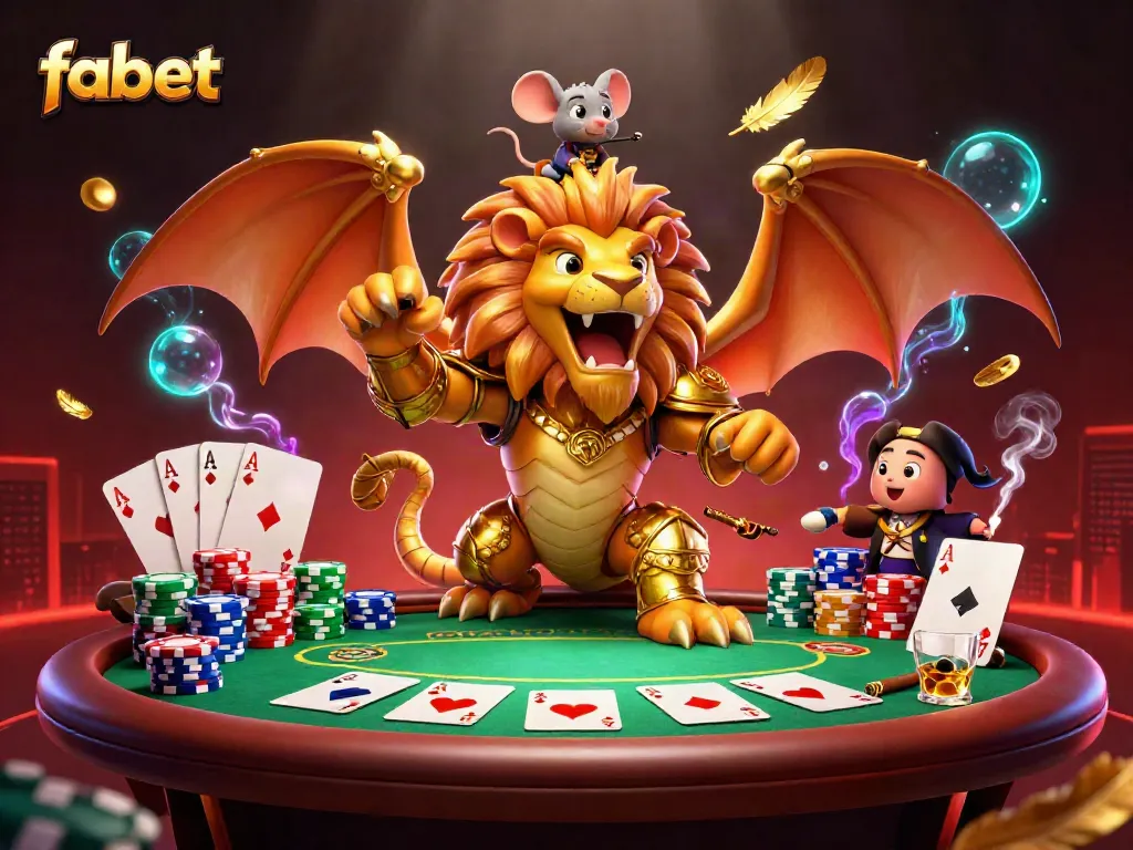 Experience Fabet with a golden armored chimera and poker action in a vibrant casino scene.