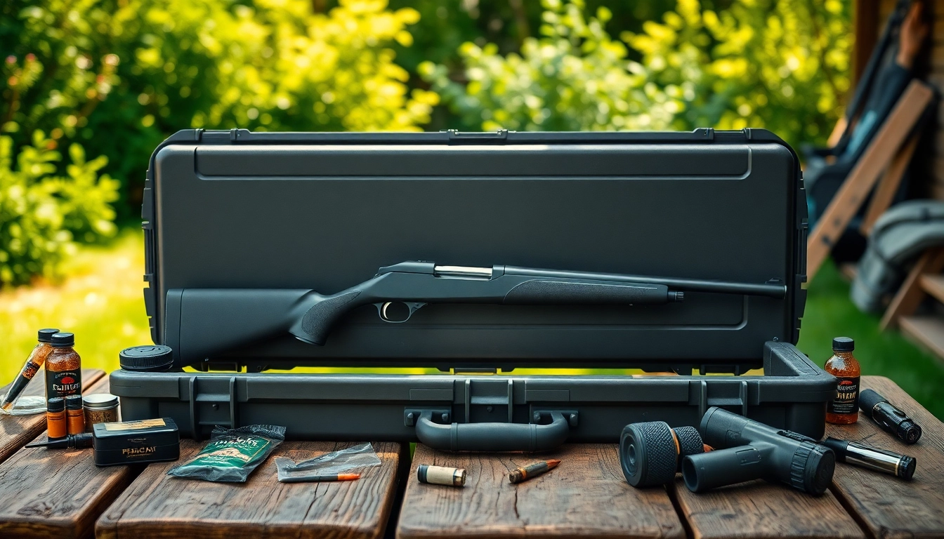 Showcase of a pelican rifle case with hunting accessories on a wooden table in natural lighting.