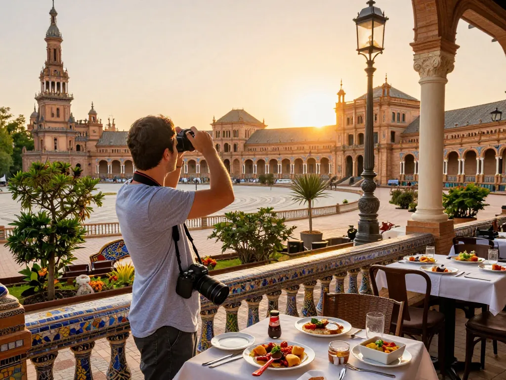 Reisetipps Sevilla: Reisender genießt lokale Tapas am Plaza de España und erkundet die lebhafte Architektur und Kultur.