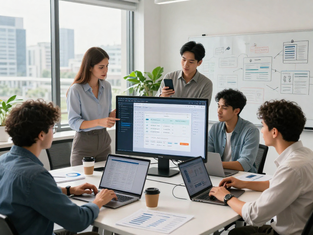 Dynamic fintech team analyzing debet solutions in modern workspace.