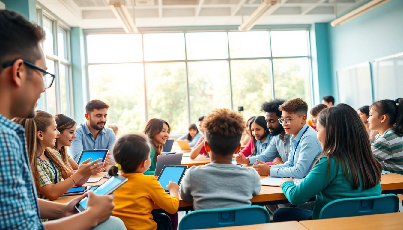 Education classroom with diverse students using technology for learning.