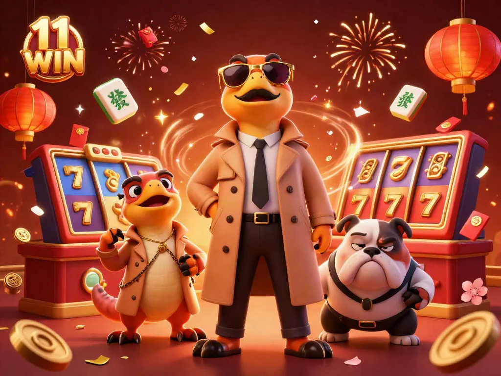 3D cartoon raptors enter VIP area of casino filled with slot machines and festive decorations, 11 WIN.