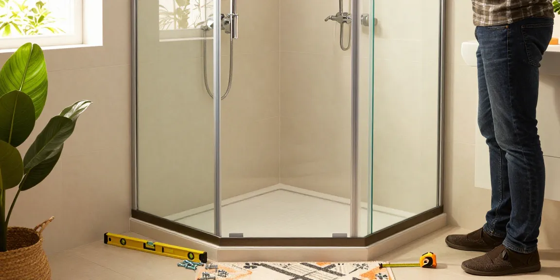 Stijlvolle hoekdouchecabine 90x90 die wordt geïnstalleerd in een moderne badkamer, met helder natuurlijk licht en hedendaagse armaturen.