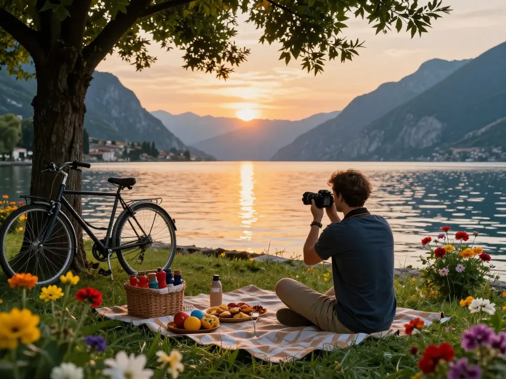 Erkunden der Gardasee Reisetipps bei Sonnenuntergang mit malerischen Ausblicken, lebhaften Blumen und einem Picknick-Setup.