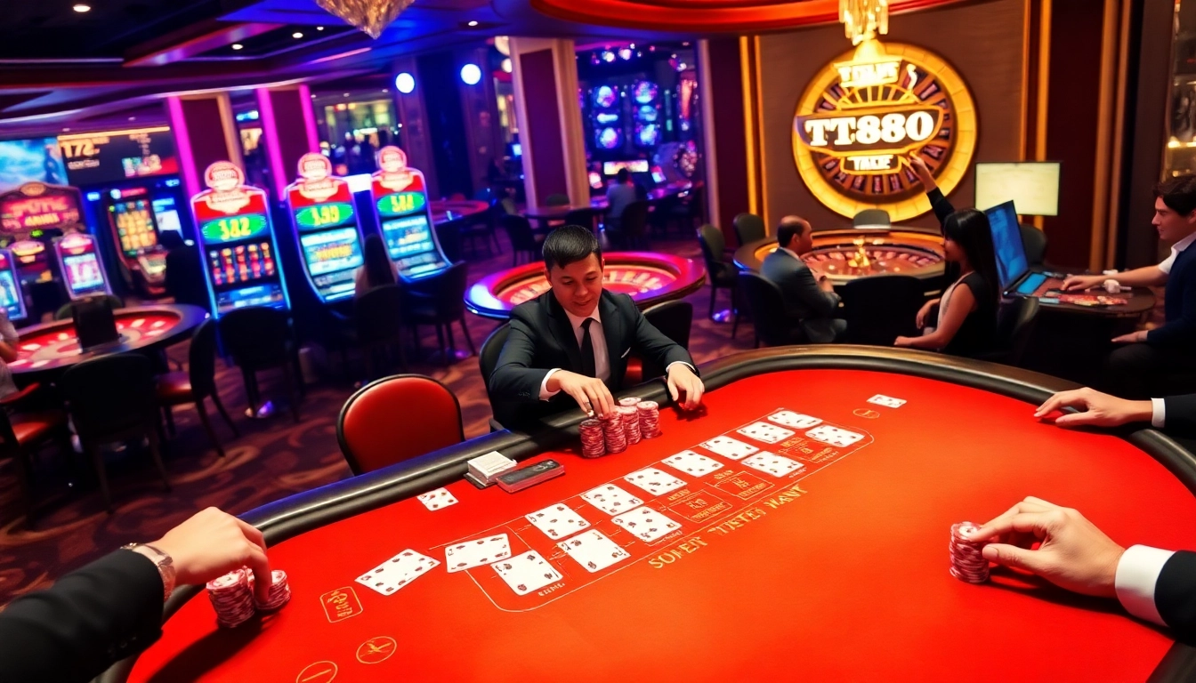 Engaging players at a luxurious tt88 blackjack table surrounded by excitement and vibrant casino elements.