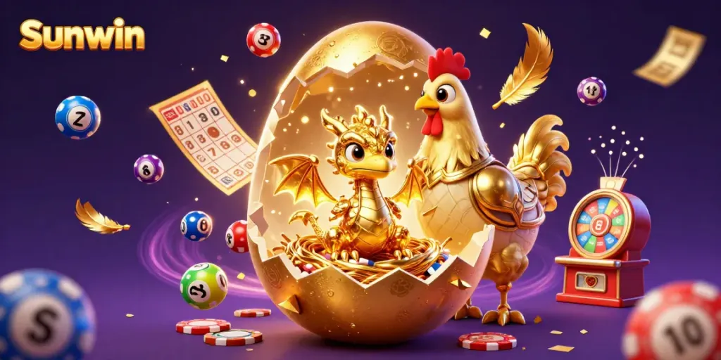 Experience excitement at Sunwin with a golden baby dragon emerging from a cracking egg amidst vibrant casino elements.